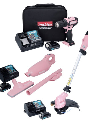 Makita Pink Lady Edition Set taladro inalámbrico 12 V DF 333 DSAP1 + aspirador CL 108 FDSAP + cortacésped UR 100 DSAP + 3x baterías 2,0 Ah + 3x cargador