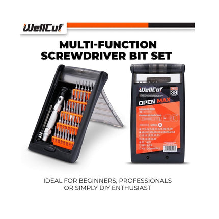 Juego de puntas de destornillador multiusos WellCut Precision con barra de extensión de 60 mm, mango de aluminio de 94 mm, 38 piezas ( ‎WC-MPS38U )