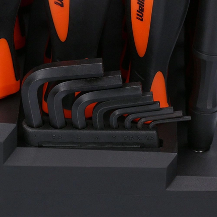 WellCut Juego de destornilladores magnéticos de 114 piezas con estante para herramientas, juego de herramientas con destornilladores/puntas/llaves Allen/enchufes (WC-SDB114S)
