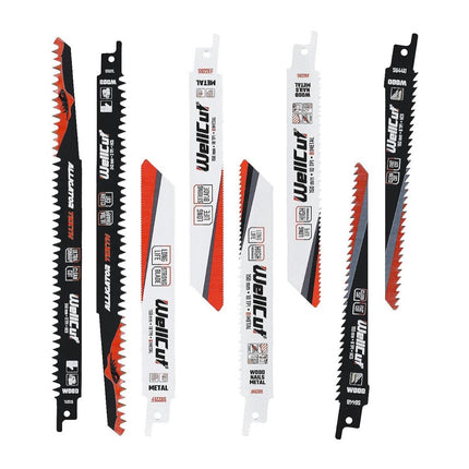 Jeu de lames de scie alternative WellCut, 8 pièces, pour bois, plastique et métal, acier HCS, avec arbre universel, résistant à la rouille et aux collisions (‎‎‎WC-RB8)