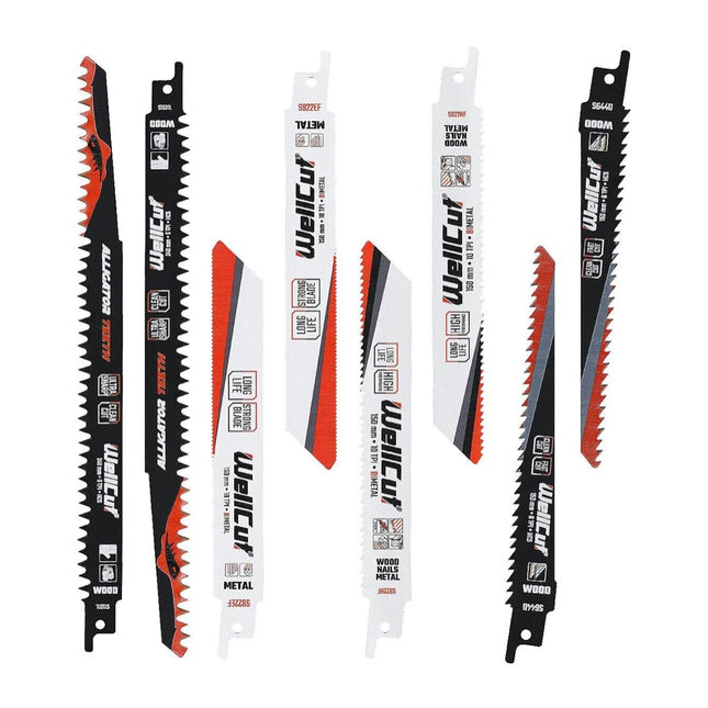 Juego de hojas de sierra alternativa WellCut, 8 piezas, para madera, plástico y metal, acero HCS, con eje universal, resistente al óxido y a las colisiones (‎‎‎WC-RB8)