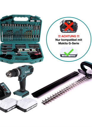 Makita HP 457 DWE Perceuse-visseuse à percussion sans fil 18V + UH 522 DZ Taille-haies sans fil 52cm 18V (série G) + 2 x Batteries 1,5Ah + Chargeur + Set 74 pcs.