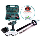 Makita HP 457 DWE Akku Schlagbohrschrauber 18 V + UH 522 DZ Akku Heckenschere 18 V 52 cm ( G Serie ) + 2 x Akku 1,5 Ah + Ladegerät + 74 tlg. Set