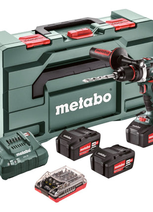 Metabo BS 18 LTX Juego de taladro atornillador inalámbrico 18 V 110 Nm + 3 baterías 4,0 Ah + cargador + juego de puntas 32 piezas + metaBOX