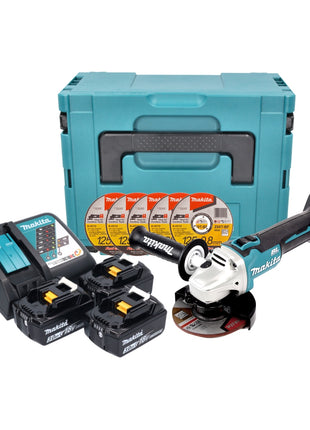 Amoladora angular a batería Makita DGA 504 RFJ3 18 V 125 mm sin escobillas + 3x baterías 3,0 Ah + cargador + 5x discos de corte + Makpac