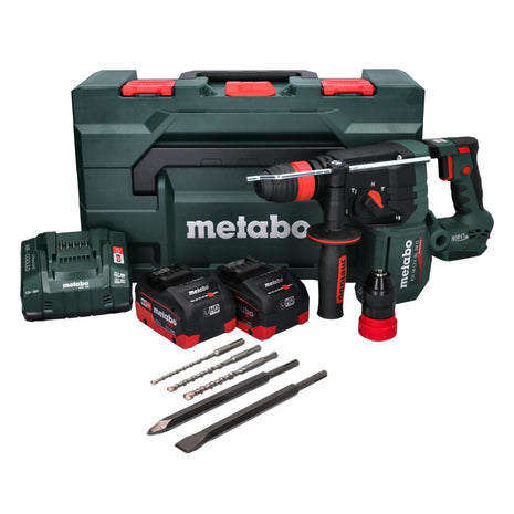 Metabo KH 18 LTX BL 28 Q taladro percutor inalámbrico 18 V 3 J SDS plus sin escobillas + 2 baterías 5,5 Ah + cargador + juego de cinceles perforadores de 5 piezas + metaBOX