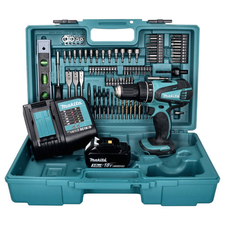 Makita DHP 456 SFX5 perceuse à percussion sans fil 18 V 50 Nm + 1 batterie 3,0 Ah + chargeur + jeu d'accessoires 101 pièces + mallette