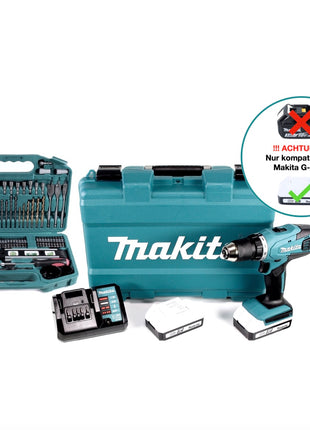 Makita DF 457 DWE 10 taladro atornillador inalámbrico 18 V 42 Nm Serie G + 2 baterías 1,5 Ah + cargador + juego de brocas de 101 piezas + estuche