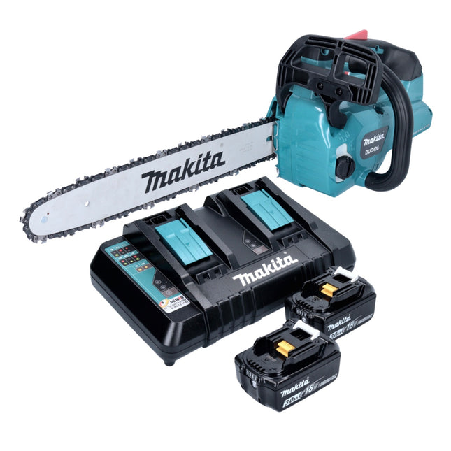 Motosierra de batería Makita DUC 406 PFB 36 V (2x 18 V) 40 cm sin escobillas + 2x batería 3,0 Ah + cargador doble