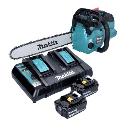 Motosierra de batería Makita DUC 356 PFB 36 V (2x 18 V) 35 cm sin escobillas + 2x batería 3,0 Ah + cargador doble