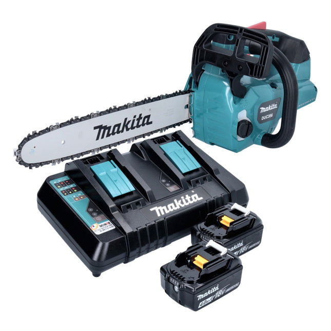 Motosierra de batería Makita DUC 356 PMB 36 V (2x 18 V) 35 cm sin escobillas + 2x batería 4,0 Ah + cargador doble