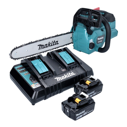 Motosierra de batería Makita DUC 356 PTB 36 V (2x 18 V) 35 cm sin escobillas + 2x batería 5,0 Ah + cargador doble