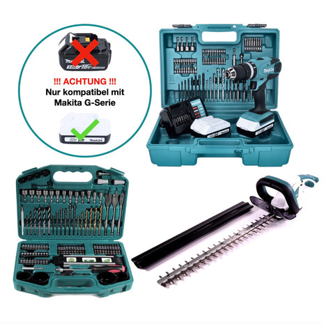 Makita DF 457 DWE Perceuse-visseuse sans fil 18 V 42 Nm série G + Taille-haie sans fil Makita UH 522 DZ + 2x Batteries rechargeables 1,5 Ah + Chargeur + Jeu de forets - 101 pièces + Mallette