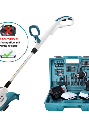 Cortacésped a batería Makita UR 180 DZ 18 V 260 mm Serie G + Taladro percutor a batería HP 457 DWE10 18 V 42 Nm + 2 baterías 1,5 Ah + cargador + juego de brocas de 74 piezas