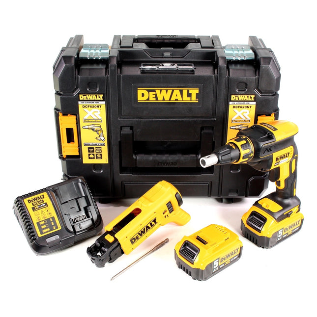 Atornillador para paneles de yeso con batería DeWalt DCF 620 P2K 18 V 30 Nm sin escobillas + 2 baterías de 5,0 Ah + cargador + accesorio para cargador + TSTAK