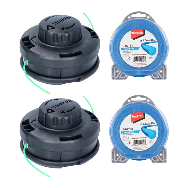 Cabezal de rosca Makita Tap&Go 2,0 mm 2 piezas ( 2x 191D91-7 ) + hilo de corte redondo 1,6 mm 15 m 2 piezas ( 2x E-02733 ) para cortacésped inalámbrico de 18 V DUR 187 y DUR 188