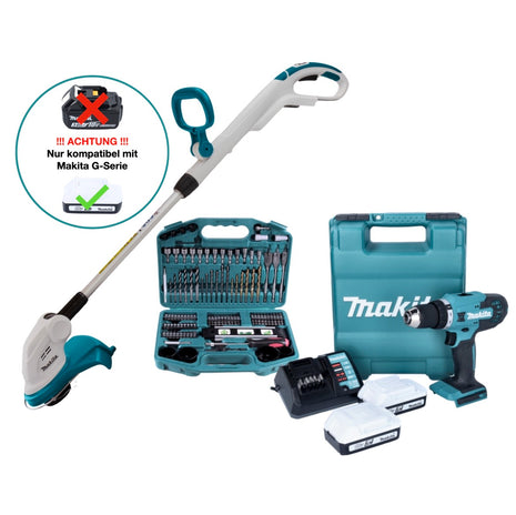 Taladro atornillador a batería Makita DF 488 DWE10 18 V 42 Nm Serie G + cortacésped a batería Makita UR 180 DZ + 2 baterías de 1,5 Ah + cargador + juego de brocas de 101 piezas + maletín