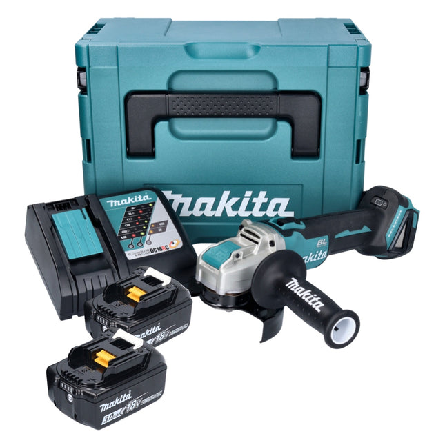 Makita DGA 521 RFX1J Amoladora angular sin cable 18 V 125 mm X-LOCK Brushless + 2x batería recargable 3.0 Ah + cargador + Makpac