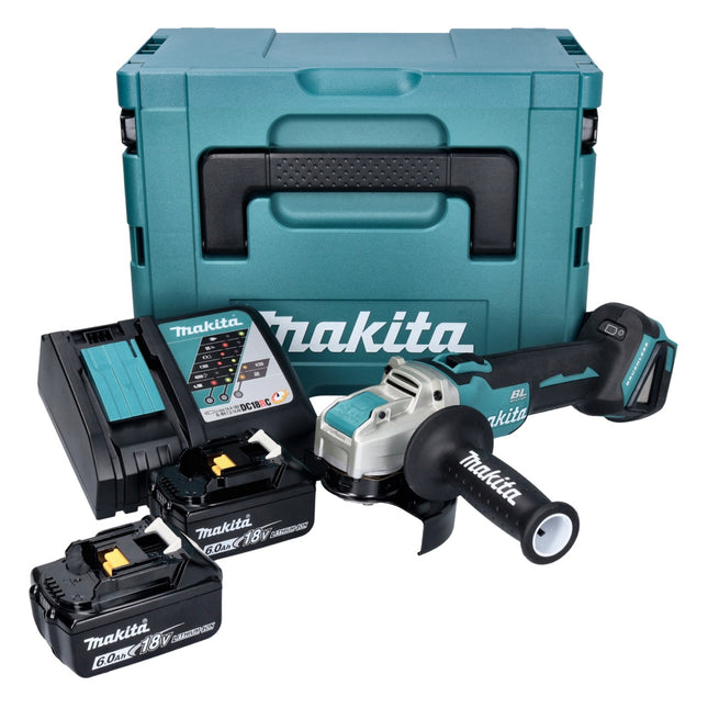 Makita DGA 521 RGX1J Amoladora angular sin cable 18 V 125 mm X-LOCK Brushless + 2x batería recargable 6,0 Ah + cargador + Makpac