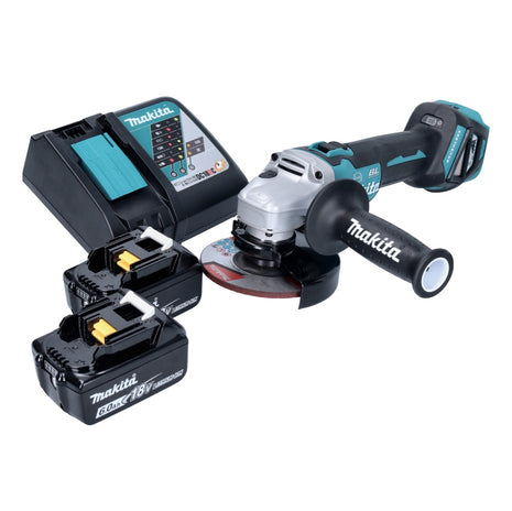 Amoladora angular a batería Makita DGA 513 RG 18 V 125 mm sin escobillas + 2x baterías 6,0 Ah + cargador