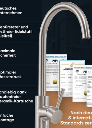 Rosenhahn & Söhne Föhr 200 Küchenarmatur 360° drehbarer Wasserhahn Küche - Armatur Küche [gebürsteter Edelstahl] - 2-fach verstellbare Spültischarmatur + Anschlussschläuche - Toolbrothers