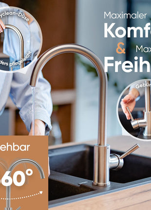 Rosenhahn & Söhne Föhr 200 Küchenarmatur 360° drehbarer Wasserhahn Küche - Armatur Küche [gebürsteter Edelstahl] - 2-fach verstellbare Spültischarmatur + Anschlussschläuche - Toolbrothers