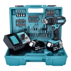 Taladro percutor inalámbrico Makita DHP 482 RFX1 18 V 62 Nm + 2x baterías 3,0 Ah + cargador + juego de brocas 74 piezas + estuche