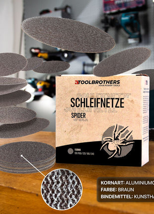 Toolbrothers SPIDER Schleifset Netz 150 mm Klett je 10x P80 / P120 / P180 / 240 für Hartholz, Weichholz, Lack, Stein, Stahl, Aluminium, Furnier - Toolbrothers