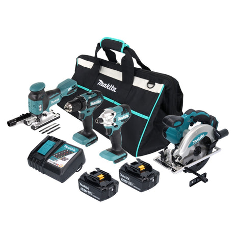 Makita DLX 4163 TX1 kit combinado de baterías 18 V DDF 485 + DJV 181 + DSS 610 + DTD 156 + 2x baterías 5.0 Ah + cargador + bolsa