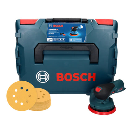 Bosch GEX 12V-125 Professional Cordless Random Orbit Sander 125 mm 12V Brushless + 50x EXPERT C470 Sandpapers K 120 + L-Boxx Case - without battery, without charger