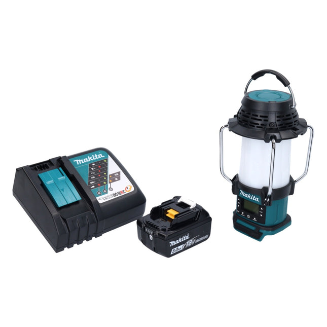 Makita DMR 055 RT1 radio inalámbrica 18 V FM con linterna 360° + 1x batería recargable 5,0 Ah + cargador