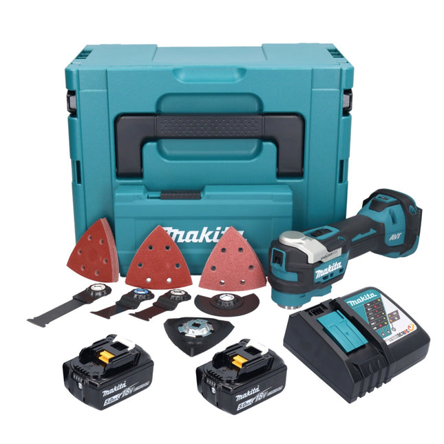 Herramienta multifunción a batería Makita DTM 52 RTJX4 18 V Starlock Max Brushless + 2x batería 5.0 Ah + cargador + juego de accesorios + Makpac