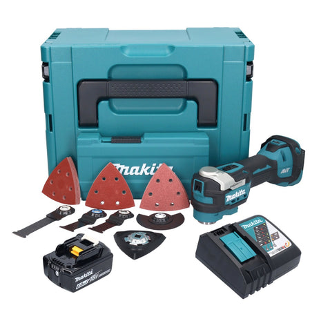 Herramienta multifuncional a batería Makita DTM 52 RG1JX4 18 V Starlock Max Brushless + 1x batería 6.0 Ah + cargador + set de accesorios + Makpac