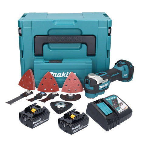 Herramienta multifuncional a batería Makita DTM 52 RGJX4 18 V Starlock Max Brushless + 2x baterías 6.0 Ah + cargador + set de accesorios + Makpac