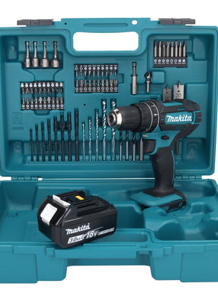 Makita DHP 482 F1X1 Perceuse-visseuse à percussion sans fil 18 V + 1x Batterie 3,0 Ah + kit d'accessoires - 74 pièces + Coffret - sans chargeur