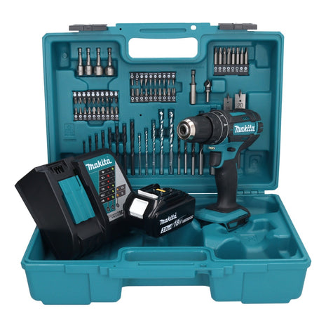 Taladro percutor inalámbrico Makita DHP 482 RF1X1 18 V + 1x batería 3,0 Ah + cargador + set de accesorios 74 piezas + estuche