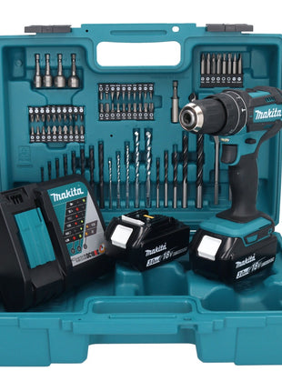 Makita DHP 482 RFX1 Akku Schlagbohrschrauber 18 V + 2x Akku 3,0 Ah + Ladegerät + 74 tlg. Zubehörset + Koffer