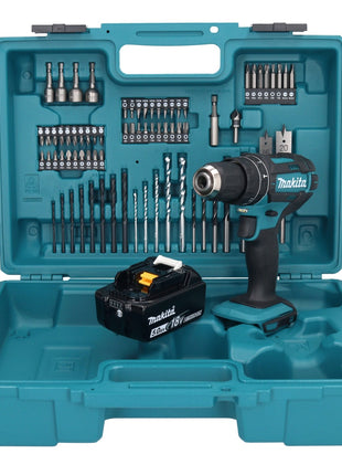 Taladro percutor inalámbrico Makita DHP 482 T1X1 18 V + 1x batería 5,0 Ah + set de accesorios 74 piezas + maletín - sin cargador