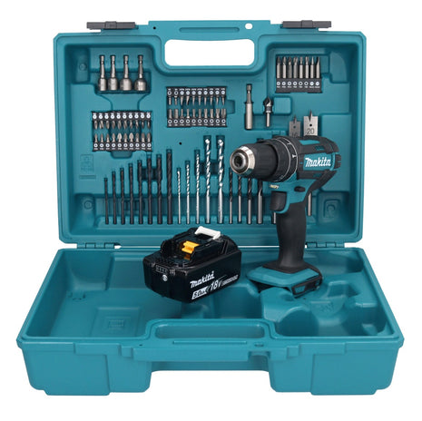 Taladro percutor inalámbrico Makita DHP 482 T1X1 18 V + 1x batería 5,0 Ah + set de accesorios 74 piezas + maletín - sin cargador