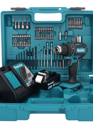 Taladro percutor inalámbrico Makita DHP 482 RT1X1 18 V + 1x batería 5,0 Ah + cargador + set de accesorios 74 piezas + estuche