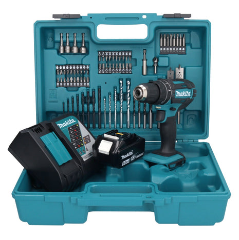 Makita DHP 482 RT1X1 Perceuse-visseuse à percussion sans fil 18 V + 1x Batterie 5,0 Ah + Chargeur + kit d'accessoires - 74 pièces + Mallette