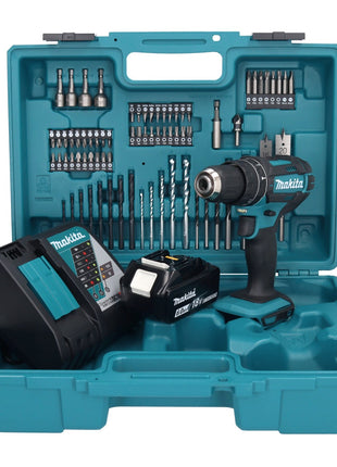 Taladro percutor inalámbrico Makita DHP 482 RG1X1 18 V + 1x batería 6,0 Ah + cargador + set de accesorios 74 piezas + estuche