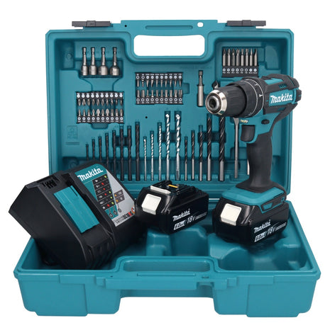 Taladro percutor inalámbrico Makita DHP 482 RGX1 18 V + 2x baterías 6,0 Ah + cargador + set de accesorios 74 piezas + estuche