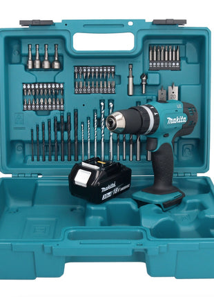 Taladro percutor inalámbrico Makita DHP 453 F1X1 18 V 42 Nm + 1x batería 3,0 Ah + set de accesorios 74 piezas + maletín - sin cargador