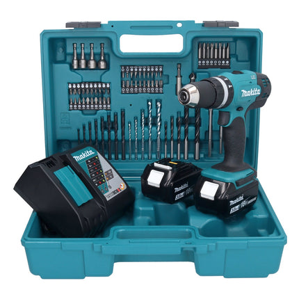 Taladro percutor inalámbrico Makita DHP 453 RFX1 18 V 42 Nm + 2x baterías 3,0 Ah + cargador + set de accesorios 74 piezas + estuche