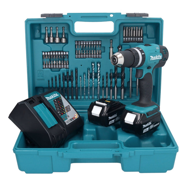 Taladro percutor inalámbrico Makita DHP 453 RFX1 18 V 42 Nm + 2x baterías 3,0 Ah + cargador + set de accesorios 74 piezas + estuche