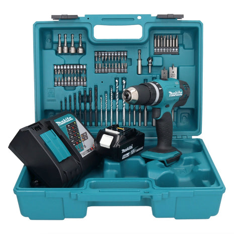 Taladro percutor inalámbrico Makita DHP 453 RT1X1 18 V 42 Nm + 1x batería 5,0 Ah + cargador + set de accesorios 74 piezas + estuche