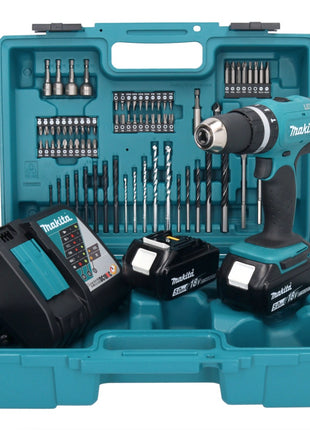 Makita DHP 453 RTX1 Akku Schlagbohrschrauber 18 V 42 Nm + 2x Akku 5,0 Ah + Ladegerät + 74 tlg. Zubehörset + Koffer