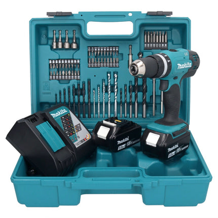 Taladro percutor inalámbrico Makita DHP 453 RTX1 18 V 42 Nm + 2x baterías 5,0 Ah + cargador + set de accesorios 74 piezas + estuche