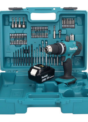 Taladro percutor inalámbrico Makita DHP 453 G1X1 18 V 42 Nm + 1x batería 6,0 Ah + set de accesorios 74 piezas + maletín - sin cargador